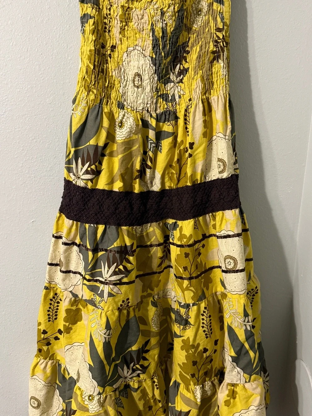 CuteY2K Yellow Floral Smocked Strapless Tiered Flowy Dress with Crochet Accents - Picture 5 of 7